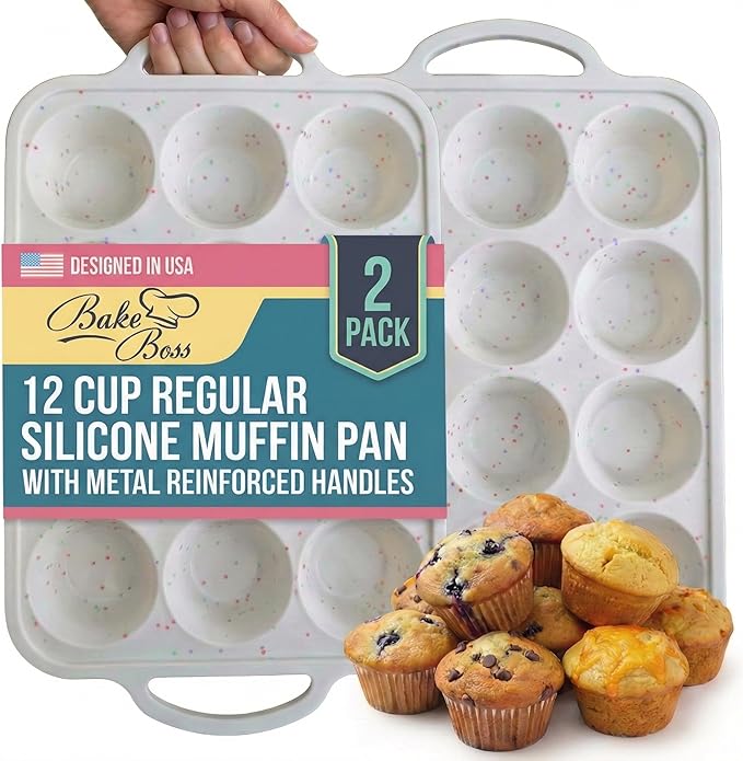 2-Pack Silicone Muffin Pan for Baking with Metal Reinforced Frame -12 Cup Regular Size Cupcake Pan, BPA Free Silicone Muffin Tray - Cupcake Baking Pan Molds for Oven & Dishwasher Safe
