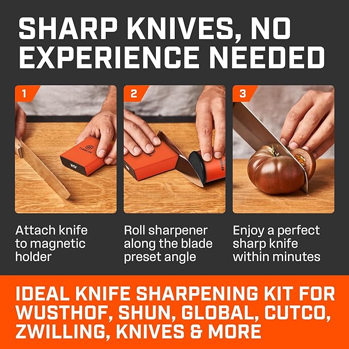 TUMBLER Pro Rolling Knife Sharpener™ - Knife Sharpening Made Easy - Knife Sharpening Kit with Removable Disc System - Include 4-Layer Diamond Sharpening Disc & EdgeBoost Ceramic Disc, Orange V2