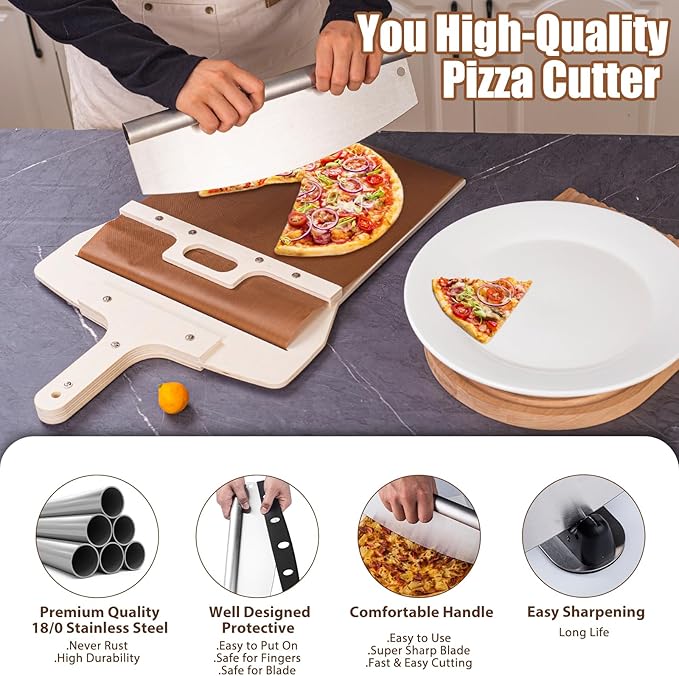 Sliding Pizza Peel, Pizza Slider Paddle with Pizza Cutter Rocker, Non-Stick Pizza Peel Slider with Handle Detachable Transfers Pizza Pie, 12” Wood Sliding Pizza Peel with Replacement Cloth