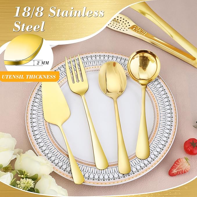 10 PCS 18/8 Gold Stainless Steel Heavy Duty Serving Utensils Set for Parties, Kitchen Serving Tools-Serving Spoons, Slotted Spoons, Serving Forks Tongs Soup Ladle, Cake Pie Server for Buffet, Wedding