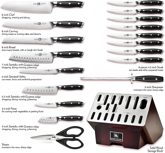 Klaus Meyer 19-Piece Knife Block Set with Sharpener, High Carbon German Stainless Steel (Stahl), Full-Tang Handles, Kitchen Knife Set (Black)