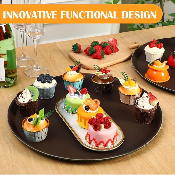 4 Pcs 16 Inch Restaurant Serving Trays, Black Plastic Non Slip Round Tray, Large Food Crawfish Server Tray for Home, Restaurant, Kitchen, Cafeteria, Bar, Hotel (Brown)