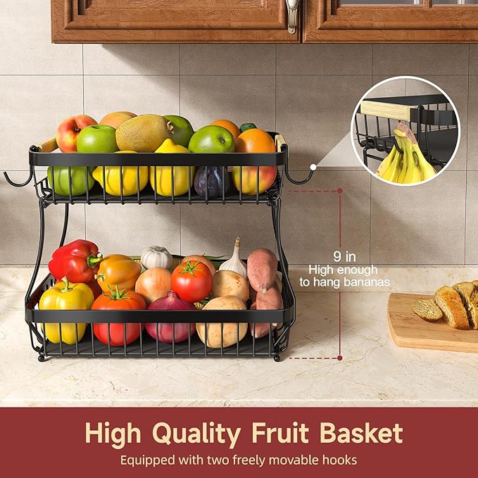 2 Tier Large Fruit Basket for Kitchen Counter with 2 Mobile Banana Hangers, 2026 Pro Detachable Metal Fruit Bowl with Wooden Handle (Silver, 3 Tier)