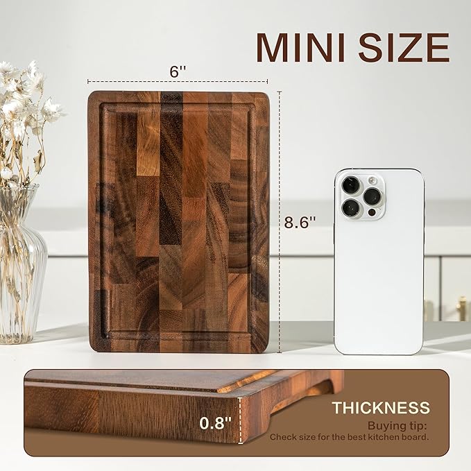 Walnut Wood Cutting Board Small End Grain Board for Kitchen, Compact Size with Non-Slip Base, Lightweight & Durable for Cheese and Small Prep, 9x6x0.8 Inch