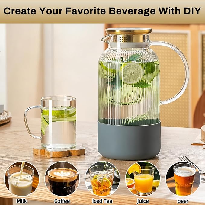 2 PACK Glass Pitcher with Lid, 68 oz/ 2 Liter Classic Vertical Stripes Water Pitcher with Silicone Base, Glass Water Carafe for Cold Brew, Coffee, Lemonade, Iced Sun Tea,Beverage,Heat Resistant