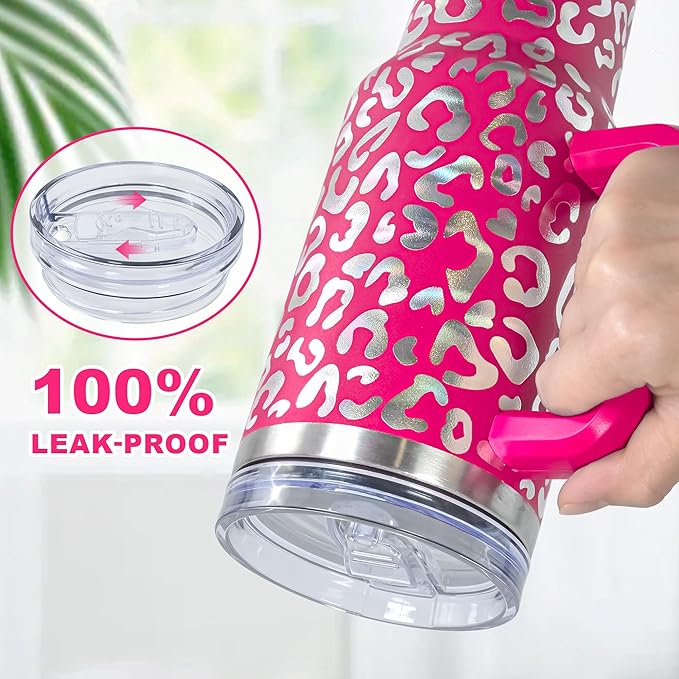 40 oz Tumbler with Handle and Straw, 100% Leak-Proof Travel Mug, Stainless Steel Double Wall Vacuum Insulated Coffee Cup Keeps Cold For 34 Hours, Dishwasher Safe, Hot Pink Leopard