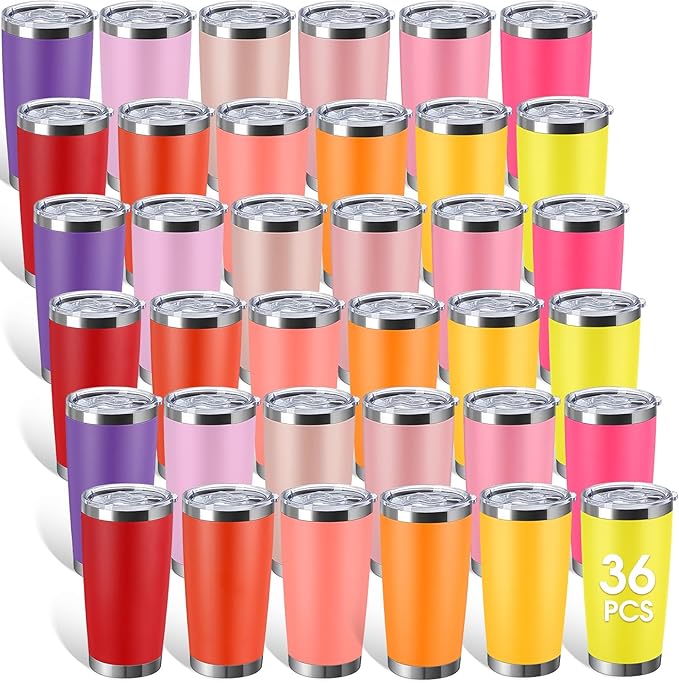 Sieral 36 Pack Stainless Steel Tumblers Bulk with Lids Double Wall Vacuum Insulated Coffee Cups Blank leakproof Powder Coated Tumblers for Engraving Wedding Graduation Party Favors(20 oz,Warm Color)