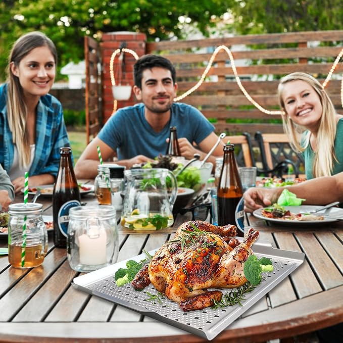 Grill Pan, Nonstick Grill Topper for Outdoor Grilling, Perforated BBQ Tray with Handles for Cooking Vegetable, Fish, Meat, Seafood