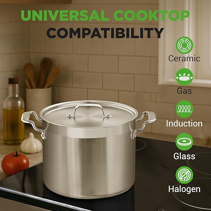 NutriChef 14 Quart Stock Pot with Lid - Heavy Duty Stainless Steel, Induction Ready, Ergonomic Handles