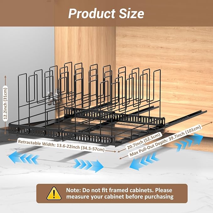 Housolution Pull Out Large Baking Tray and Cookie Sheet Organizer, 13"-22" Width Expandable Cutting Board Holder with 8 Adjustable Dividers, 20" Deep Bakeware Storage Rack for Cabinet, Black