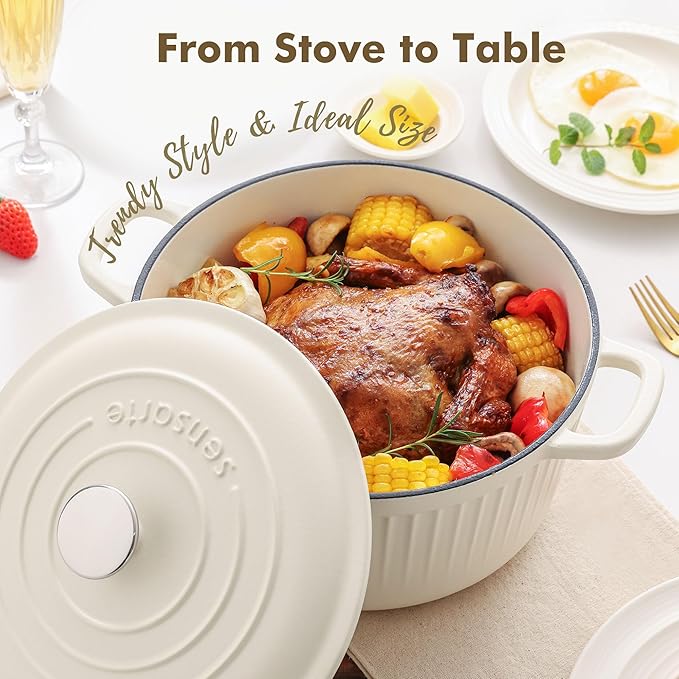 SENSARTE Enameled Cast Iron Dutch Oven Pot with Lid 6.5 Quart Heavy-Duty Round Dual Handles Kitchen Pot with Cotton Potholders & Silicone Trivet, Pot for Bread Baking, Stews, Braising, Roasting, Oven Safe up to 500°F, White