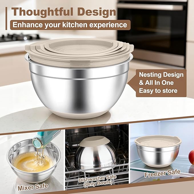 TeamFar Khaki Mixing Bowls, 6-Piece Stainless Steel Nesting Salad Bowls with Lid Set for Prepping Baking, Non-Toxic & Stackable, Air-Tight Lid & Non Slip Bottom, 4.6/2.6/2/1.5/1 / 0.7 QT