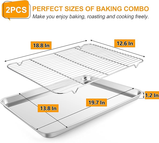 Homikit Baking Sheet with Rack (1 Pan + 1 Rack), 20" x 14" Stainless Steel Large Cookie Sheets for Baking, Big Bacon Baking Tray with Cooling Rack for Roasting Cooking, Nonstick & Dishwasher Safe