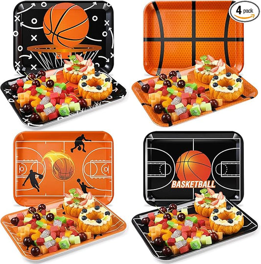 4 Pieces Basketball Serving Trays - Sports Melamine Platters Reusable Rectangle Party Trays for Basketball Sports Theme Party Food Dessert Serving Supplies, 13 x 9.7 inch