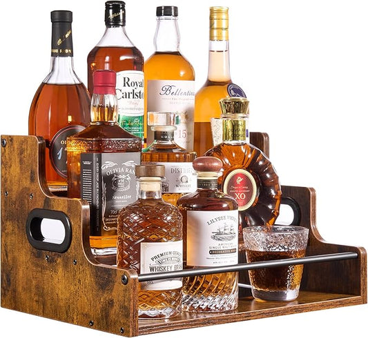 [Upgraded] Rustic Wood Liquor Bottle Display Shelf, 3-Tier Liquor Shelf for Bar Counter, Coffee Syrup Rack Organizer with Handles & Metal Guardrail, Bar Bottle Stand for Home, Kitchen, Cafe