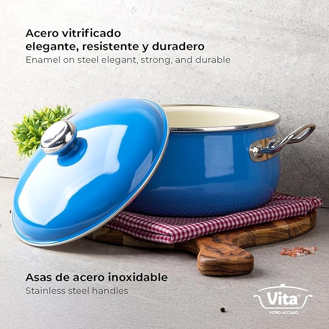 VITA 6-Quart Dutch Oven (Blue) with Lid for All Stove Tops (Enamel on Steel) Dishwasher & Oven Safe up to 500 ℉ - Quick & Even Heat Distribution - Enameled Interior is Non-Reactive & Easy to Clean