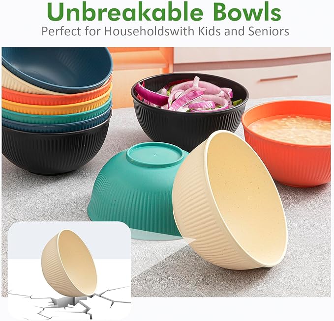6 Pcs 24 oz Unbreakable Cereal Bowls, Reusable Plastic Lightweight Bowls, Made from Wheat Straw Fiber, Ideal for Salads, Soups, Ramen, Noodles (Carbon black, 24OZ)