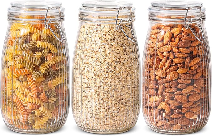ComSaf 3pcs 50oz Ribbed Glass Jars with Airtight Clamp Lids, Large Vintage Canisters for Flour, Sugar Storage & Fermenting, Wide Mouth for Pantry Organization & Countertop Decor