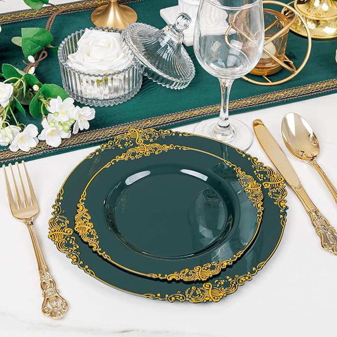 102PCS Green Plastic Plates - Green and Gold Plates - Fancy Heavy Duty Disposable Plate - Heavyweight Dinner & Dessert Plate for 51 Guests for Spring Party & Wedding