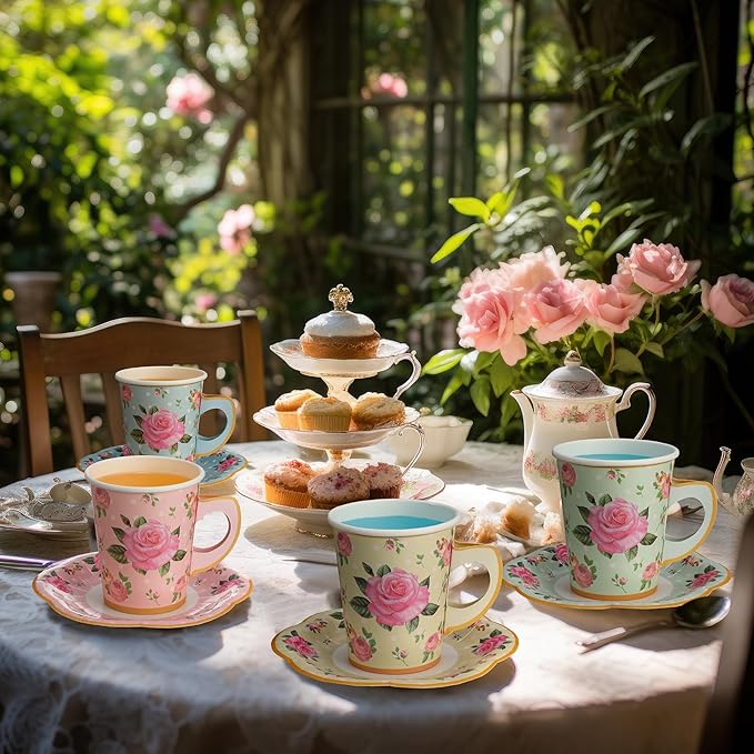 Umigy 60 Sets Spring Tea Party Decorations 9 oz Floral Paper Teacups & Saucer Set for Girls Women Afternoon Tea Parties Mothers Day Bridal Shower Wedding Birthday Party Decorations(Multicolored)