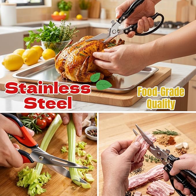 Heavy Duty Kitchen Shears - Ultra Sharp All Purpose Food Scissors for Cutting Chicken Bones, Meat & Vegetables, Multi-Function Stainless Steel Cooking Shears (Black)