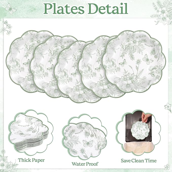 30Pcs Sage Green Floral Paper Plates, 7 Inch Spring Plates Vintage Chinoiserie Flower Plate Scalloped Cute Easter Plate for Garden Party Tea Party Birthday Baby Bridal Shower