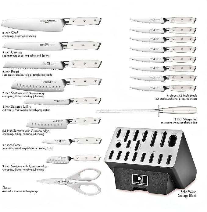 Klaus Meyer 19-Piece Knife Block Set, High Carbon German Stainless Steel (Stahl), Full-Tang Handles with Sharpener (White)