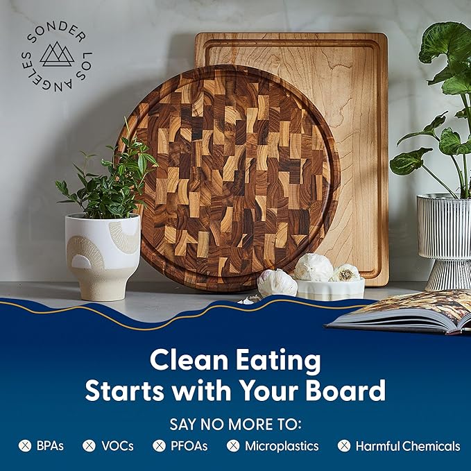 Sonder Los Angeles Vincent Round Cutting Board | Teak End Grain Cutting Board for Kitchen with Juice Groove | Perfect for Pizza & Charcuterie | Gift Box Included | 15x15x1.5 in