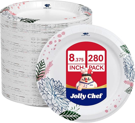 JOLLY CHEF 280 Count Paper Plates 8.37 inch Soak Proof, Cut Proof, Heavy Duty Flower Printed Disposable Paper Plates for Everyday Use, Thanksgiving, Christmas Day