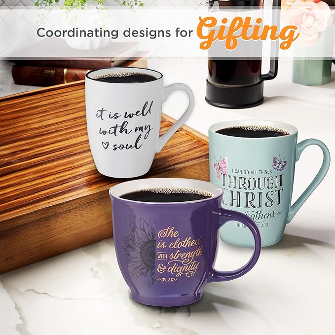 Christian Art Gifts Purple Sunflower Ceramic Coffee Mug – 14 oz. Lead and Cadmium-free Inspirational Scripture Coffee and Tea Mug for Women with Bible Verse: Strength & Dignity – Proverbs 31:25