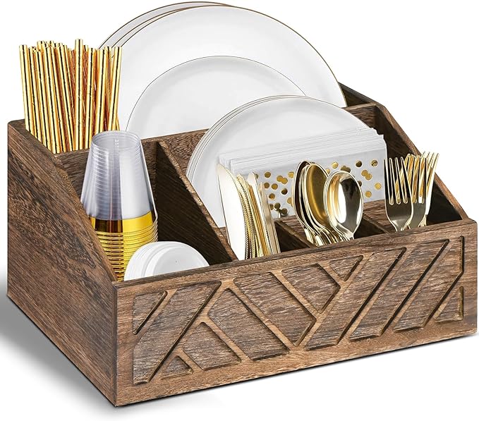 Paper Plate Dispenser, Paper Plate Holder for Kitchen Counter, Wood Rustic Silverware Utensil Caddy, Cutlery Flatware Organizer Box for Cups Spoons Forks Plates Napkins, Kitchen Accessories