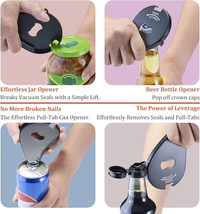 Jar Bottle Can Opener for Seniors Arthritis Weak Hands-Easy Twist Off Small Caps (0.6"-2.7"), Pop Top & Pull Tab Seals,Patent Unique Portable Multifunction Gadget for Elderly/Women/Men(Black)