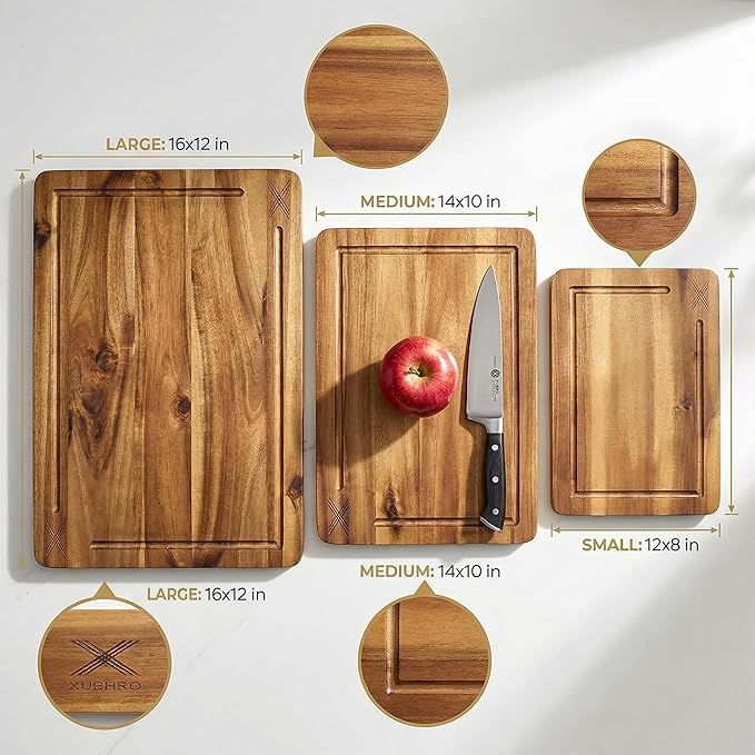 Acacia Wood Cutting Board Set of 3 with Stand - Thick Wooden Chopping Boards with Deep Juice Grooves - Non-Slip & Durable Wooden Boards for Meat & Vegetables (16x12, 14x10, 12x8) - Natural