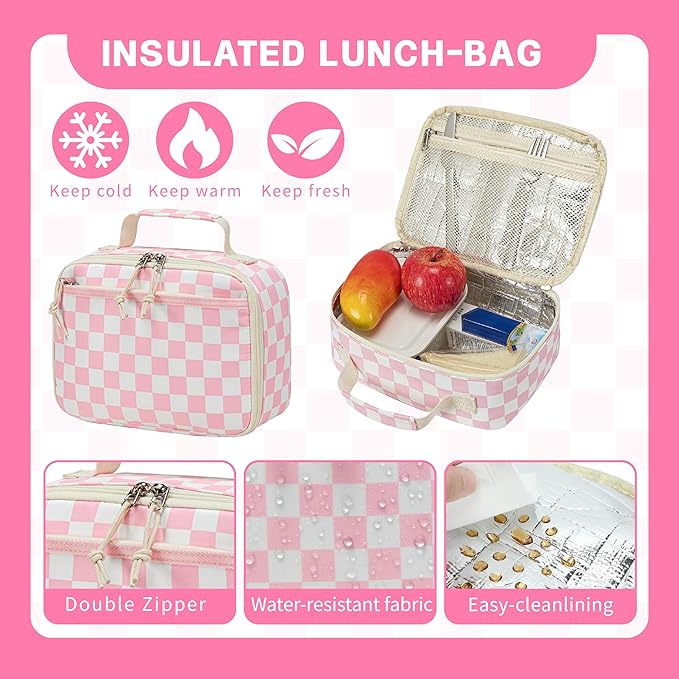 LEDAOU Lunch Box Kids Insulated Lunch Bag Girls Boys Toddler Reusable Lunchbox for School Picnic Hiking (Checkered-Pink)