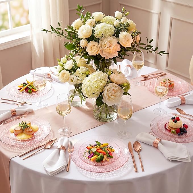 Rubtlamp 60PCS Pink Plastic Plates, Disposable Pink Easter Plates with Hammered Design, Heavy Duty Plastic Platos Fancy Party Platos Include 30 Dessert Plate & 30 Dinner Plate for Bridal Wedding