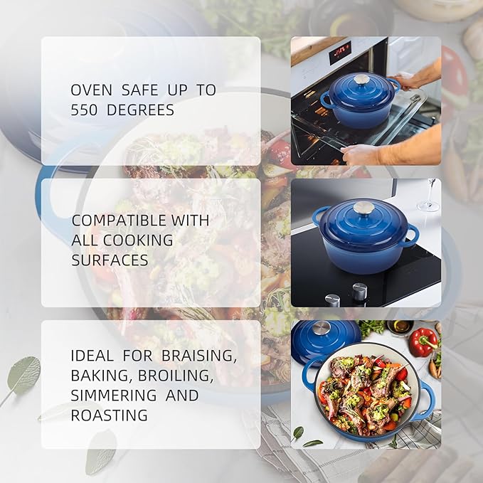 4 Quart Dutch Oven Enameled Cast Iron with Lid - Big Dual Handles - Oven Safe up to 500°F - Classic Round Pot for Versatile Cooking Blue