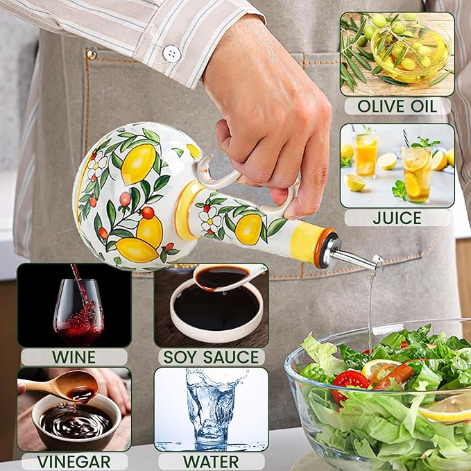 Ceramic Olive Oil Dispenser Bottle – 18.3 oz Oil Cruet with Spout and Handle, Lemon Pattern, 10.2” Tall – Non-Drip Pourer for Kitchen Counter, Salad Dressing, Vinegar, Decorative Oil Container