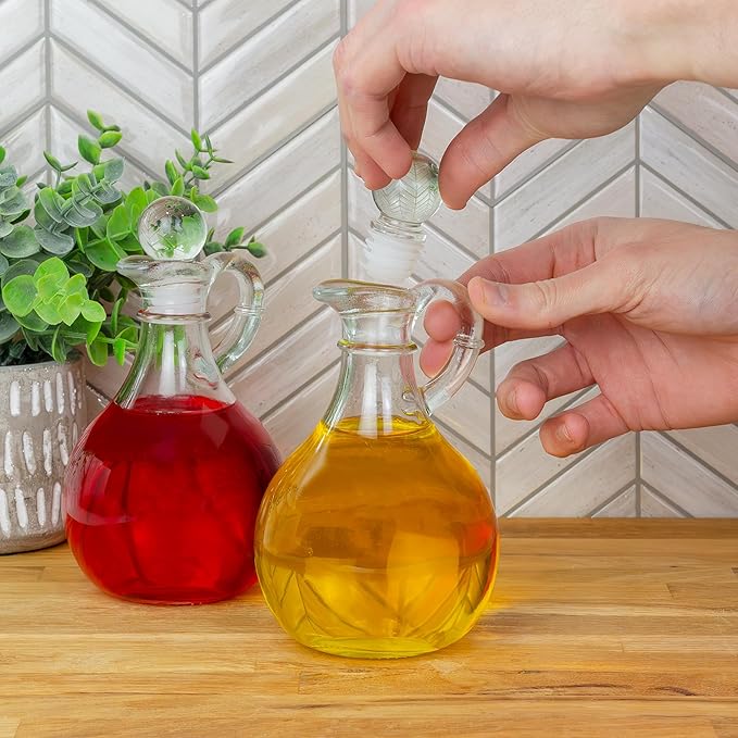 Cornucopia Brands Glass Oil and Vinegar Cruets (Set of 2); 8oz Round Oil Dispensers / Salad Dressing Bottles with Stoppers