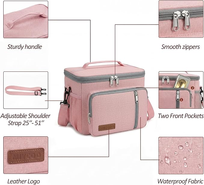 MIYCOO Lunch Box Lunch Bag for Women - Insulated LunchBox Leakproof Cooler Tote, Reusable Soft Bag with Shoulder Strap for Work, Picnic, Beach & Travel, 12-Can (9L) - Pink