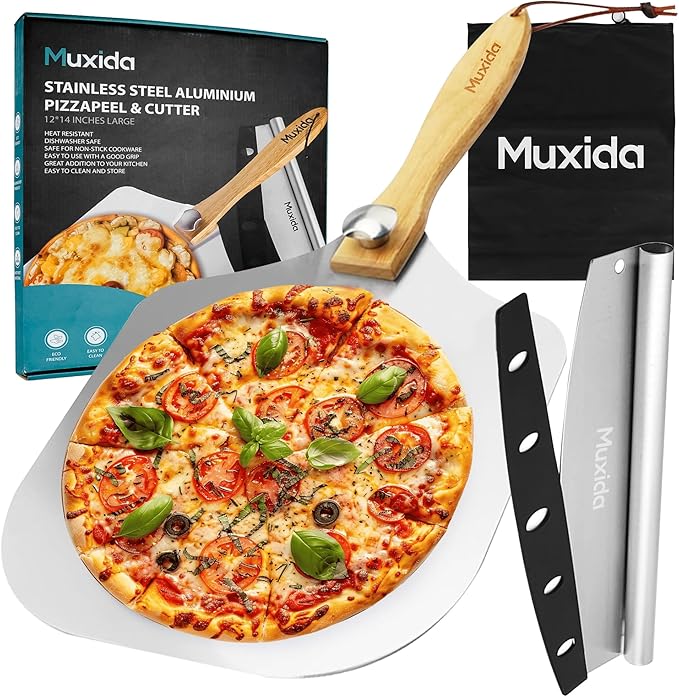 Aluminum Pizza Peel & Rocker Cutter Set (12" x 14") Premium Stainless Steel Pizza Paddle with Foldable Wooden Handle, Lightweight Pizza Spatula with Storage Bag for Oven & Outdoor Pizza Maker