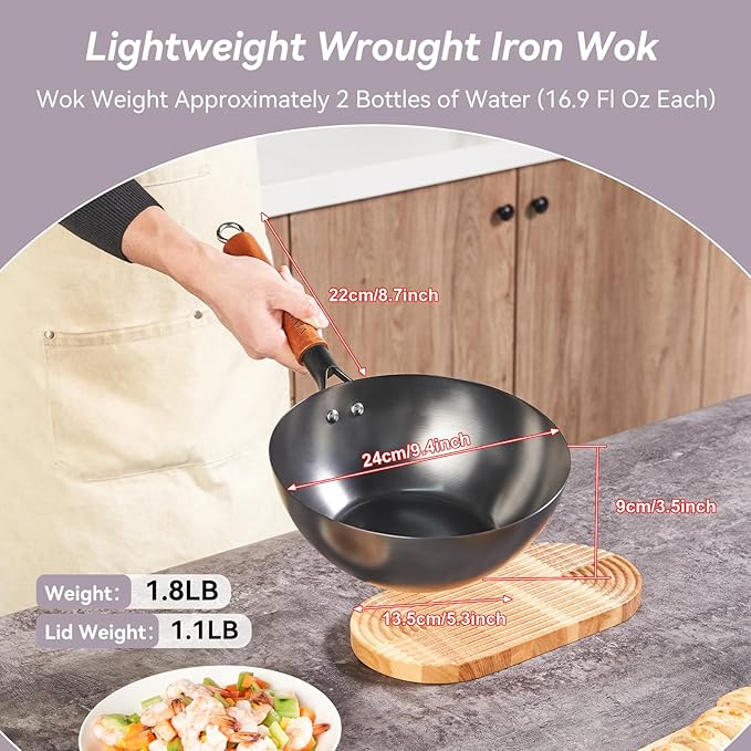 Carbon Steel Wok Pan with Lid, 9.8 Inch Deep Flat Bottom Wok, Coating-Free Carbon Steel Pan for Stir Fry, Soup, Noodles, Braising & Boiling, Small Induction Wok with Wooden Handle