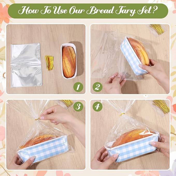 LemonRoad 48 Sets Easter Paper Loaf Pan for Baking 6.3 x 2.2 x 2.2 Inch Small Disposable Colorful Plaid Baking Pans with Clear Plastic Bags and Ties Rectangle Cake Pan for Bread Mold Supply Gift