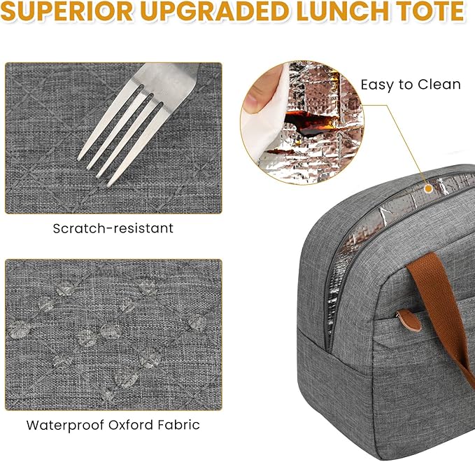 Insulated Lunch Bag for Women, Portable Lightweight Lunch Box for Adults, Reusable Small Lunch Tote Cooler Bags with Front Zipper Pocket for Work School Picnic(Gray)