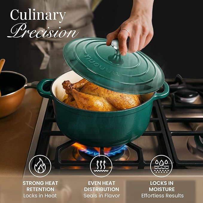 Cast Iron Dutch Oven with Lid – Non-Stick Ovenproof Enamelled Casserole Pot – Sturdy Dutch Oven Cookware – Dark Green, 5-Quart, 24cm – by Nuovva