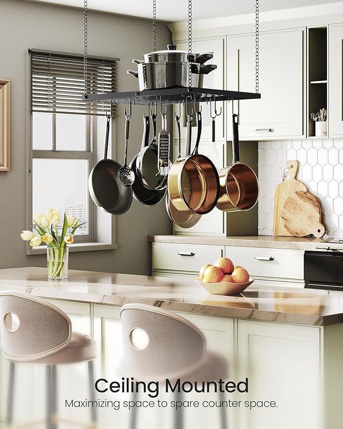 Hanging Pot Rack, Ceiling Mounted Pot Hanger for Kitchen, Metal Cookware Storage Organizer with 12 Hooks, for Storage of Cookware, Utensils in Kitchen, 23.7" L, Black TPR03BB