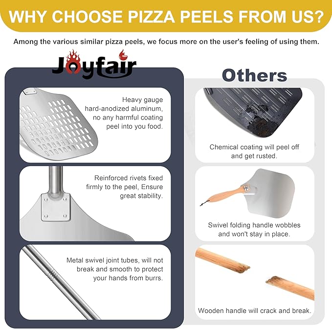 Joyfair 12 Inch Perforated Pizza Peel Aluminum Pizzas Spatula, Metal Pizza Paddle with Rocker Cutter Pizza Oven Accessories Turning Tool Set, 38.5”- 49” Long Detachable Handles (SS Handle)