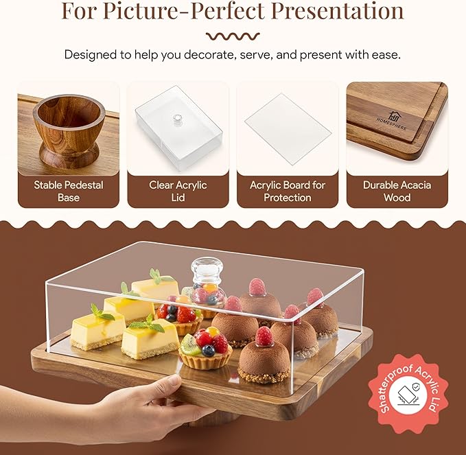 Acacia Wood Cake Stand with Lid - Rectangular Cake Holder, 2-in-1 Dessert Table Display Set & Charcuterie Board for Cheese, Chips, Fruit Platter, Large Acrylic Cake Dome Cover, No Glass
