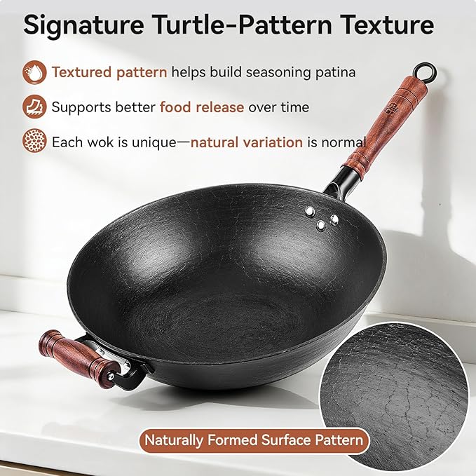 WANGYUANJI Cast Iron Wok,14.1 inch Flat Bottom Wok with Glass Lid,Suitable for All Cooktops, Uncoated Craft Pot Healthy Cooking Pot