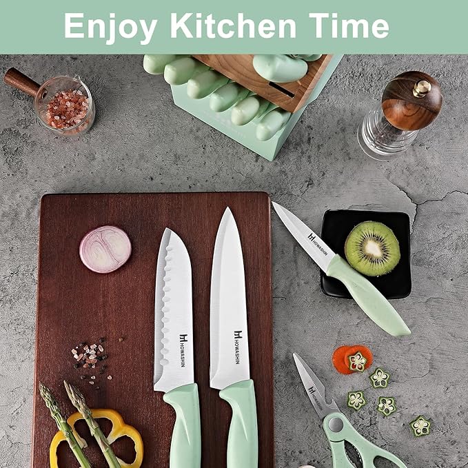 Knife Set, Howashin 15 Pieces Kitchen Knife Set with Built in Knife Sharpener, High Carbon German Stainless Steel Knife Block Set, Hand wash Safe Knives Set, Green