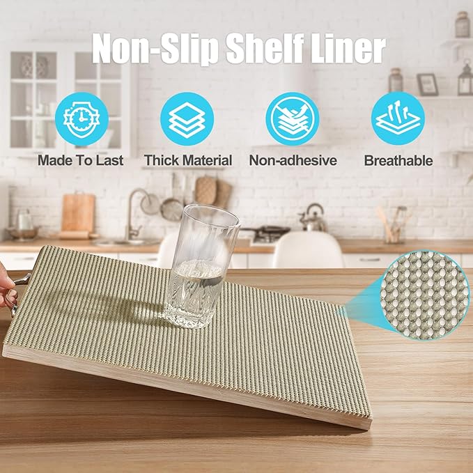 Songrey Non-Adhesive Drawer and Shelf Liner, Non Slip Cabinet Liners, Protect Kitchen Cupboard, Bathroom Drawers, Breathable, Thick Strong Grip mat (23.6IN x 20FT, Beige)